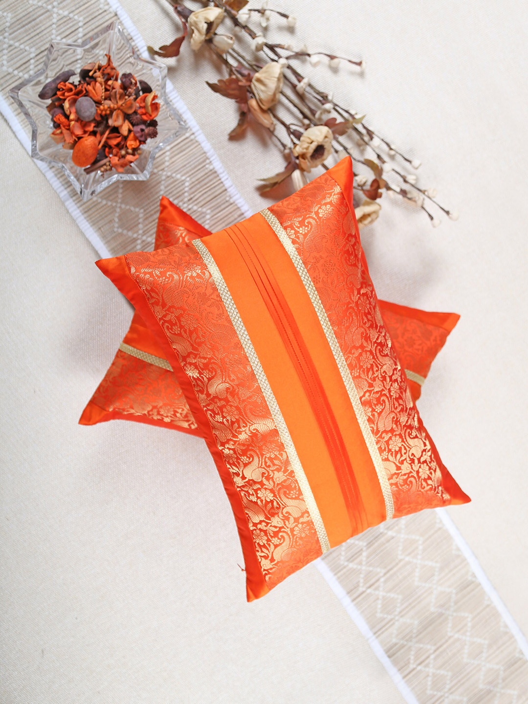 

ANS Set of 2 Orange & Gold Ethnic Motifs Rectangle Cushion Covers