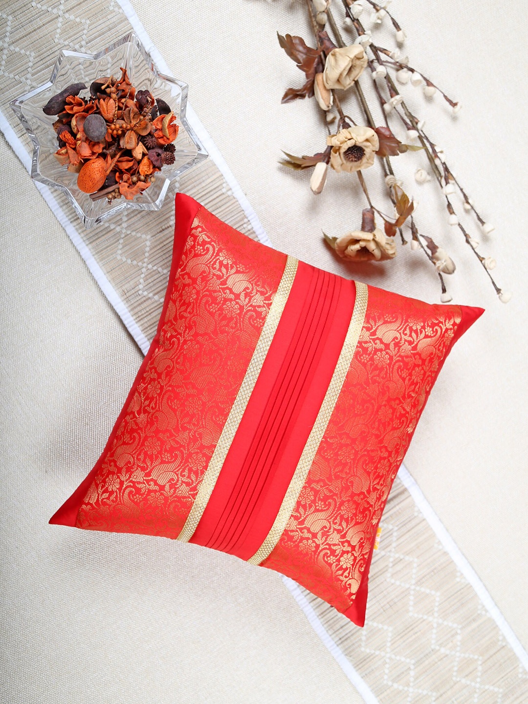 

ANS Red & Gold-Toned Woven Design Brocade Square Cushion Cover