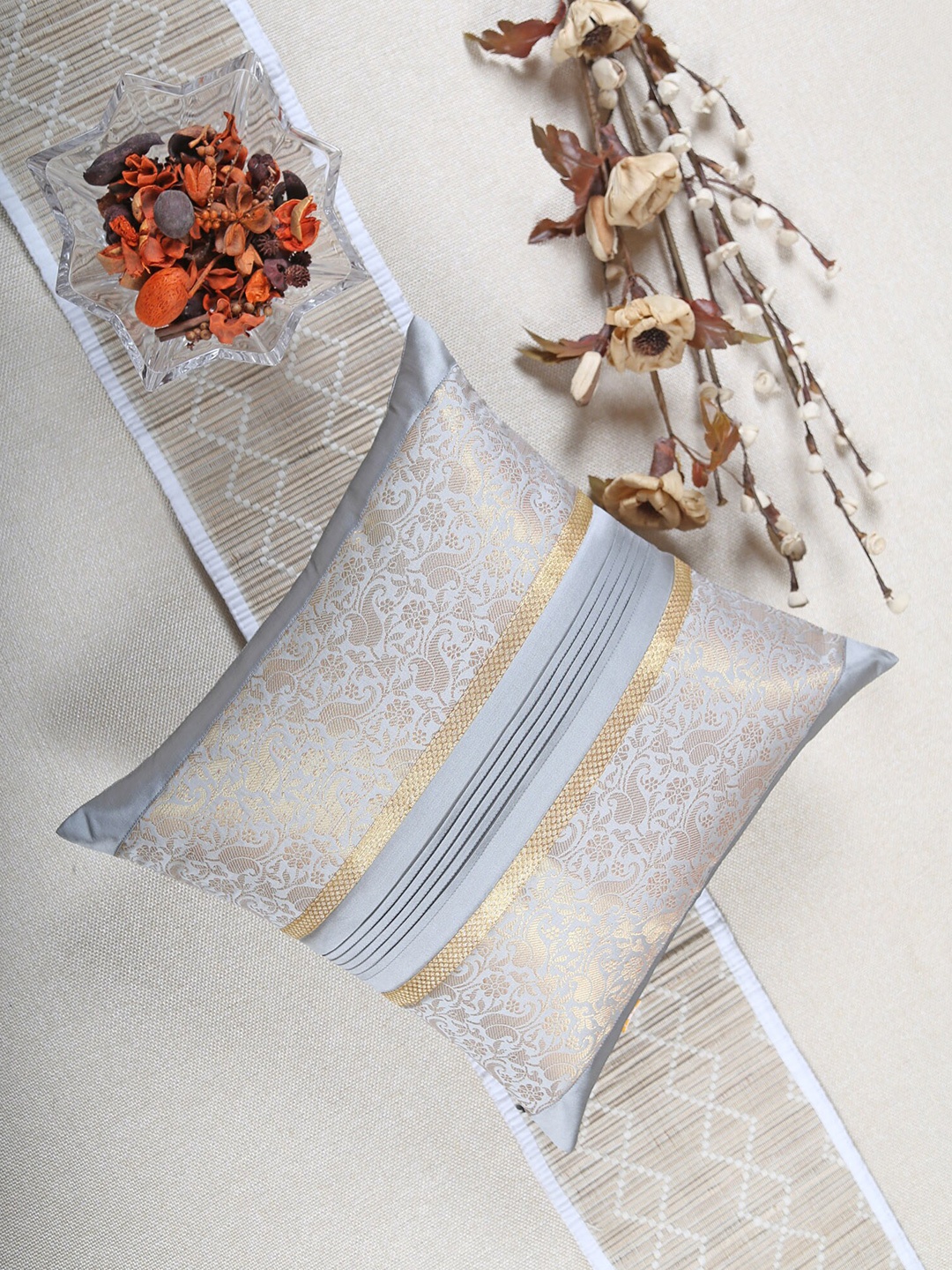

ANS Grey & Gold Ethnic Motifs Square Cushion Covers