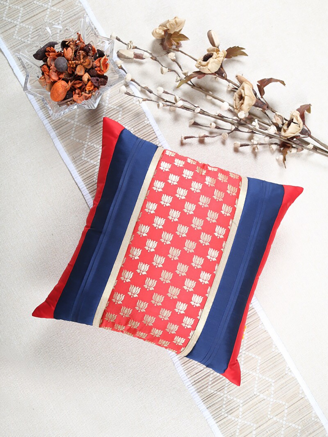 

ANS Red & Blue Woven Design Brocade Square Cushion Cover