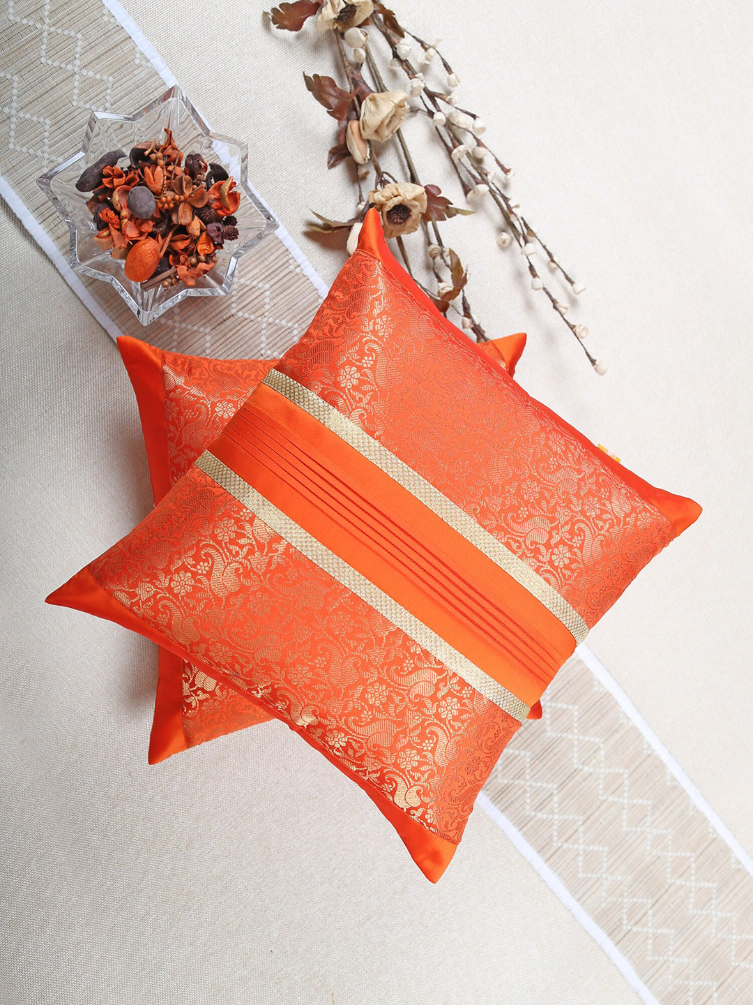 

ANS Set Of 2 Orange & Gold-Toned Woven Design Brocade Square Cushion Cover