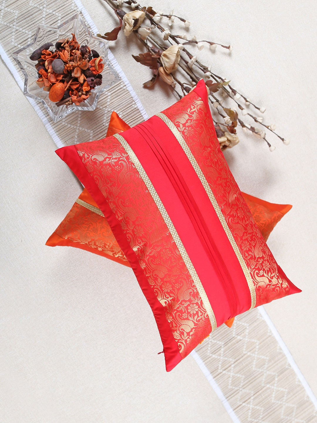 

ANS Set of 2 Red & Gold Ethnic Motifs Rectangle Cushion Covers