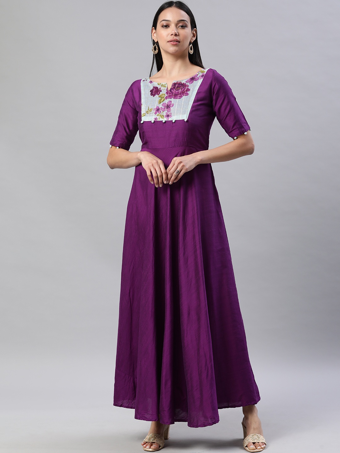 

Swishchick Violet Floral Patchwork Boat Neck Gathered Or Pleated Ethnic Maxi Dress