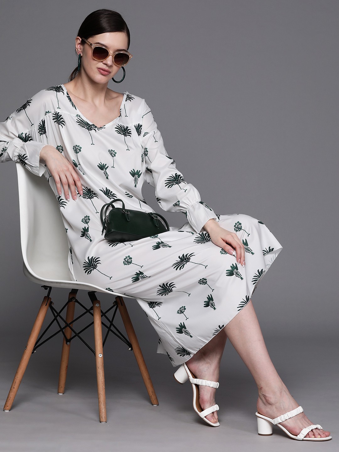

JC Mode White & Green Tropical Print A-Line Midi Dress