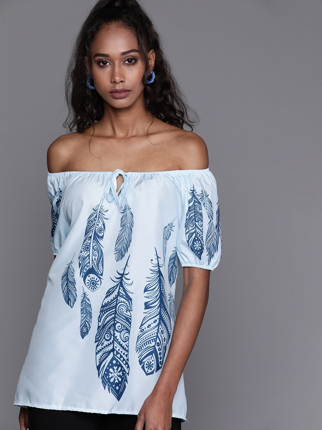 

JC Mode Blue Feather Print Tie-Up Neck Off-Shoulder Bardot Top