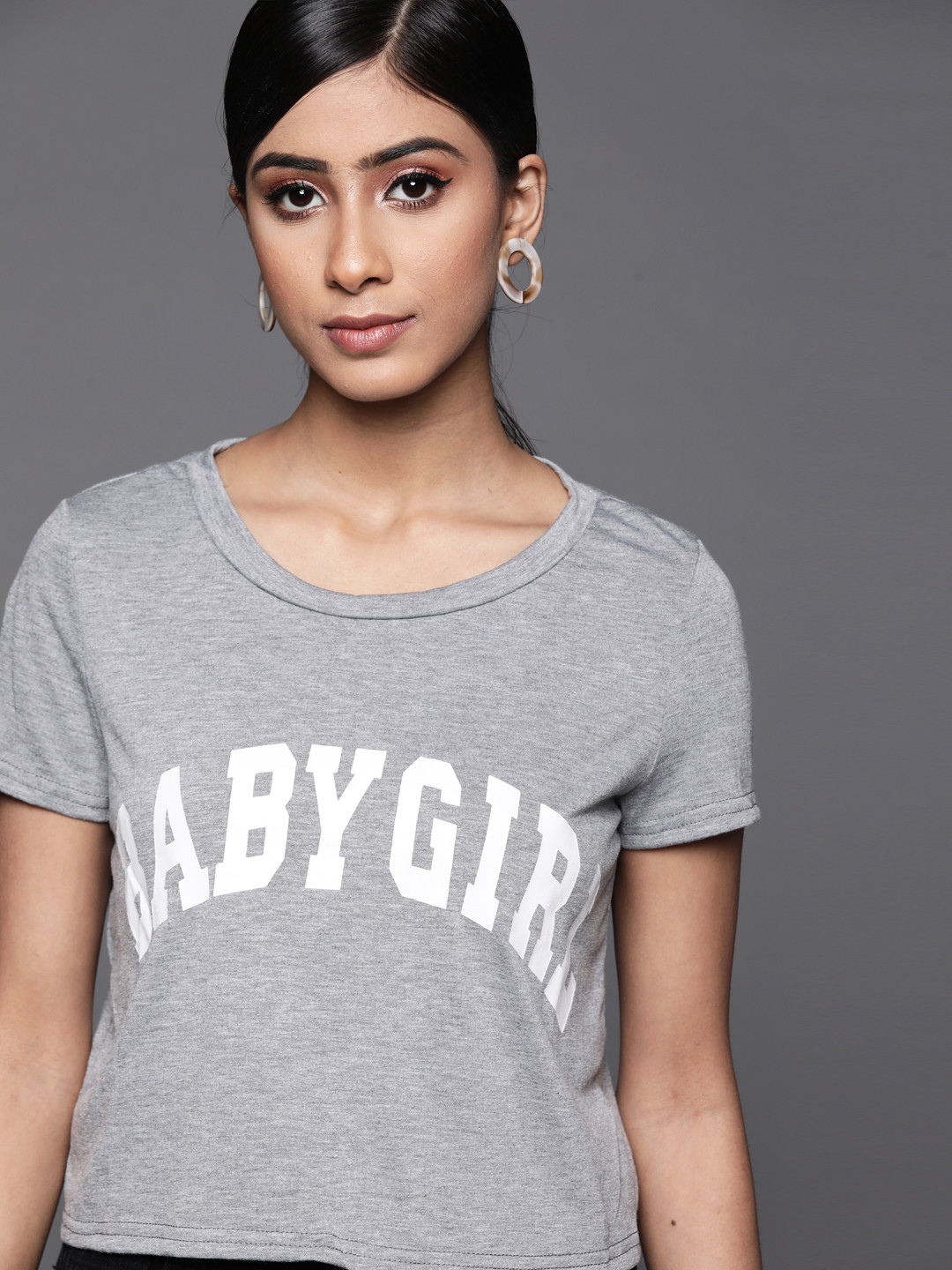 

JC Mode Women Grey Melange Typography Printed Pure Cotton T-shirt