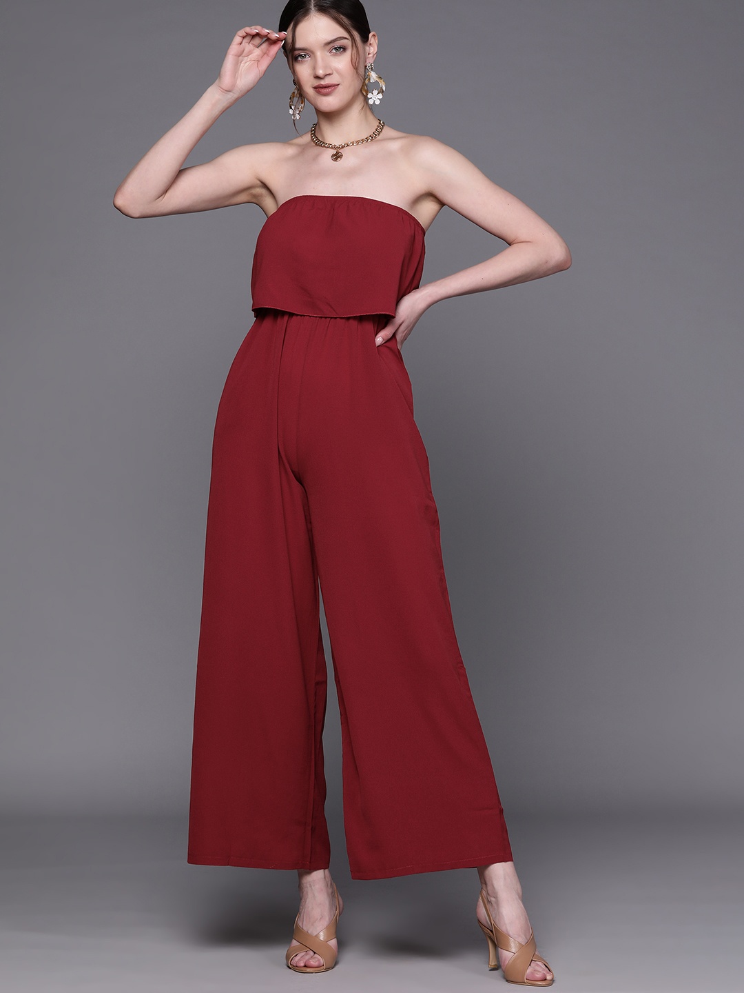 

JC Mode Women Maroon Strapless Basic Jumpsuit with Layered Detailing