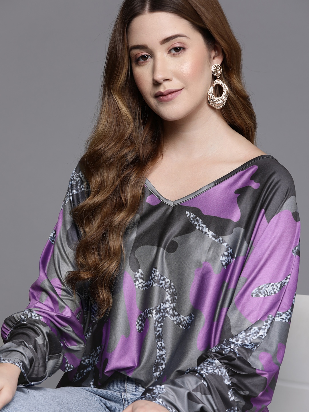 

JC Mode Purple & Charcoal Grey Camouflage Print Top