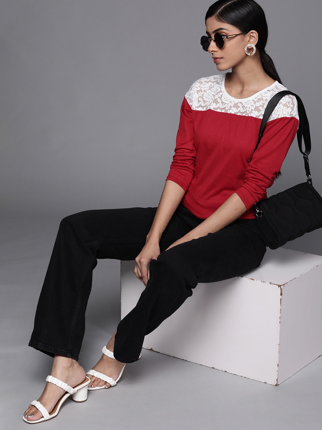 

JC Mode Women Red & White Lace-Insert Detailing Colourblocked Top