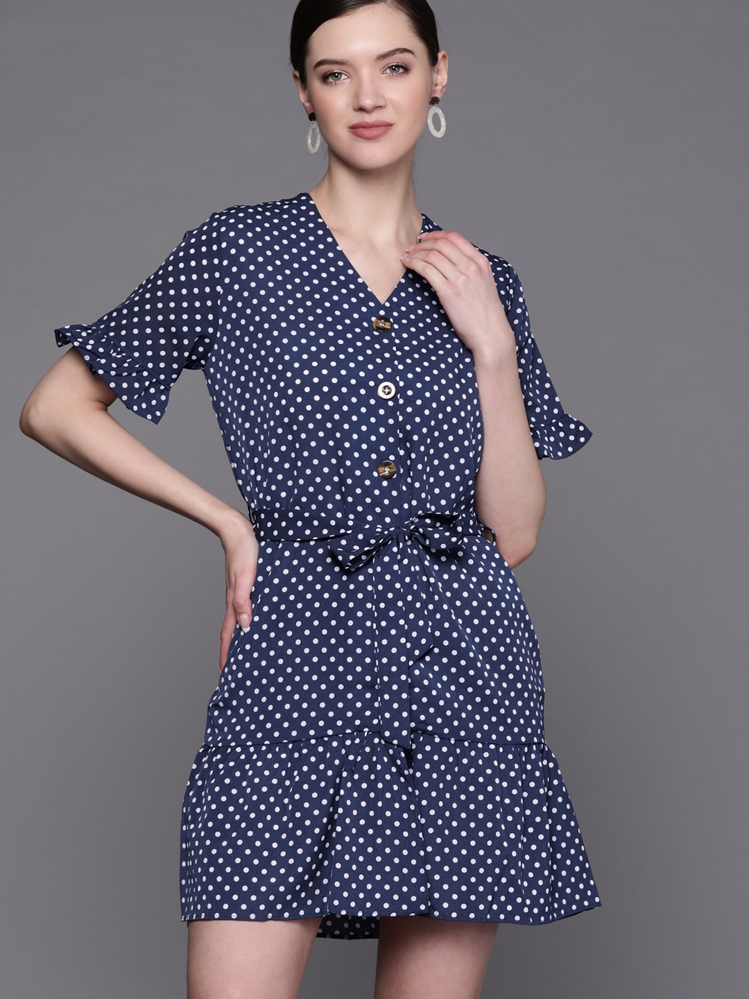 

JC Mode Navy Blue & White Polka Dot Printed A-Line Dress