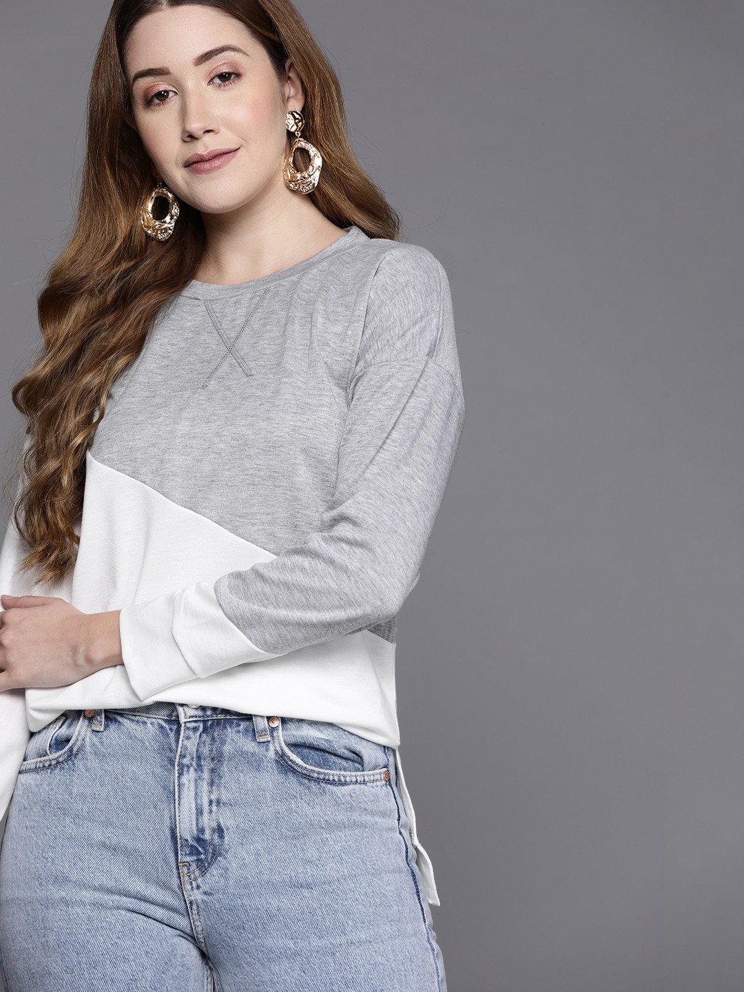 

JC Mode Grey Melange & White Colourblocked Top