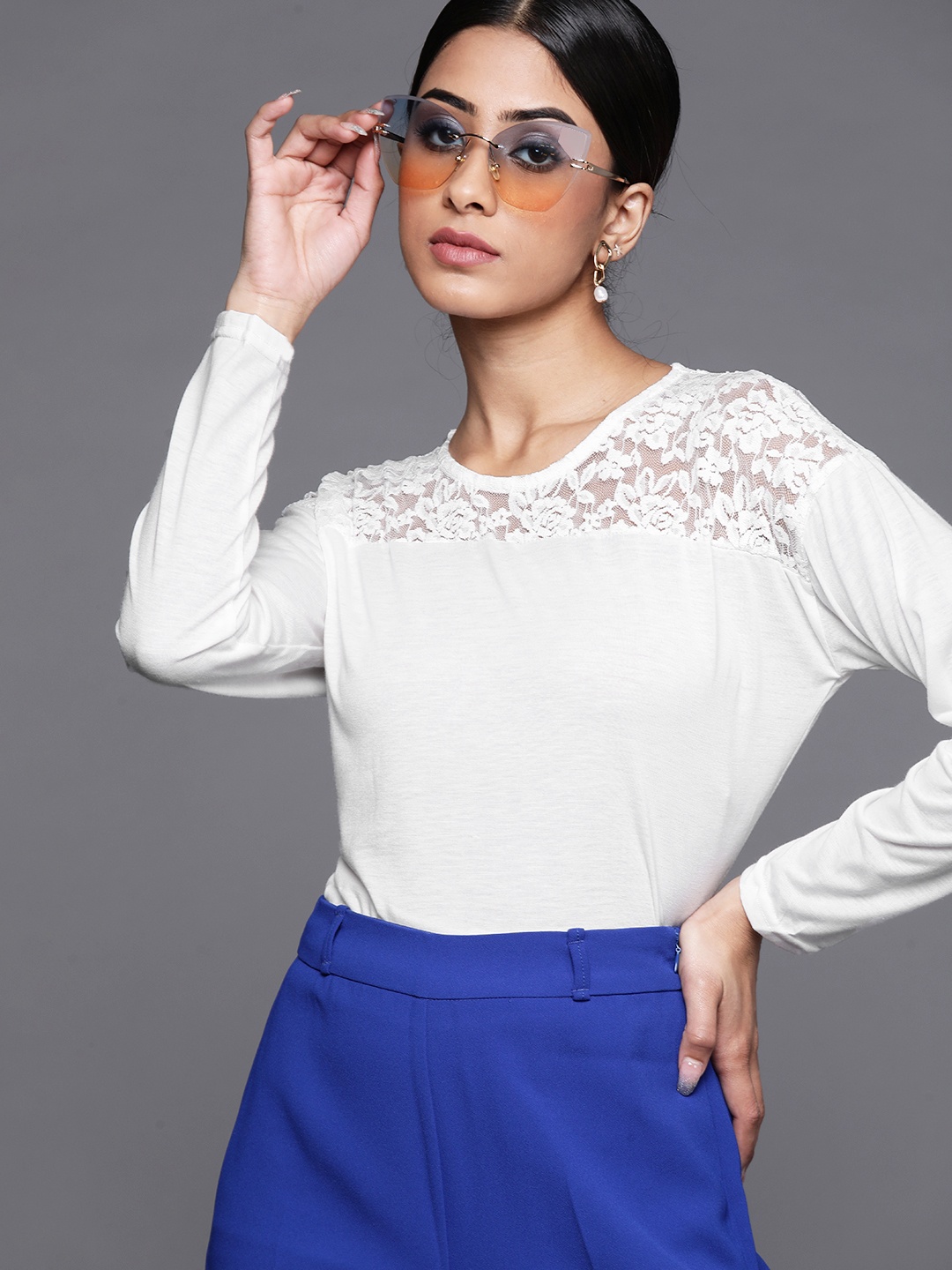 

JC Mode Women White Solid Lace Inserts Top