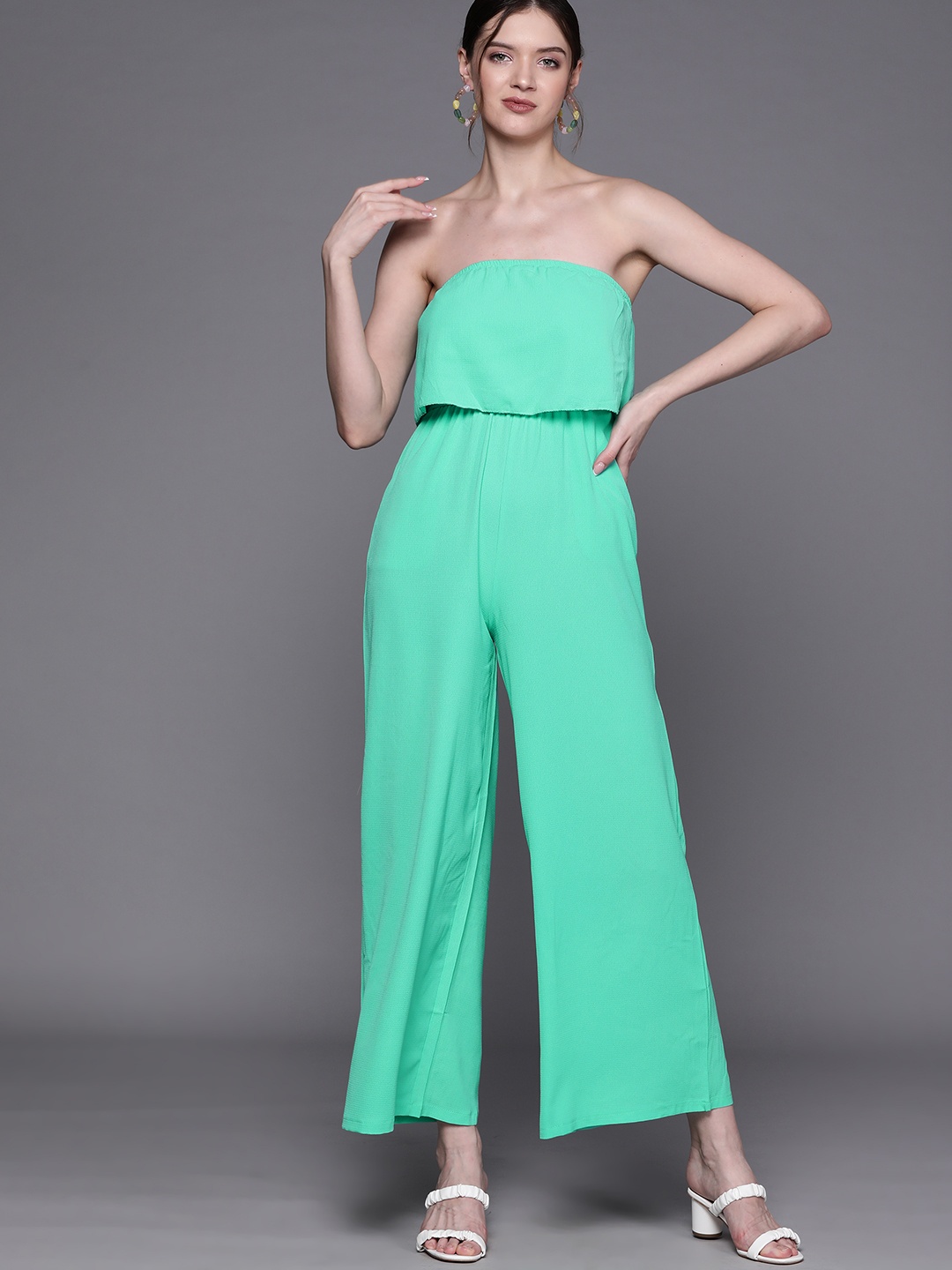 

JC Mode Women Green Strapless Basic Jumpsuit with Layered Detailing