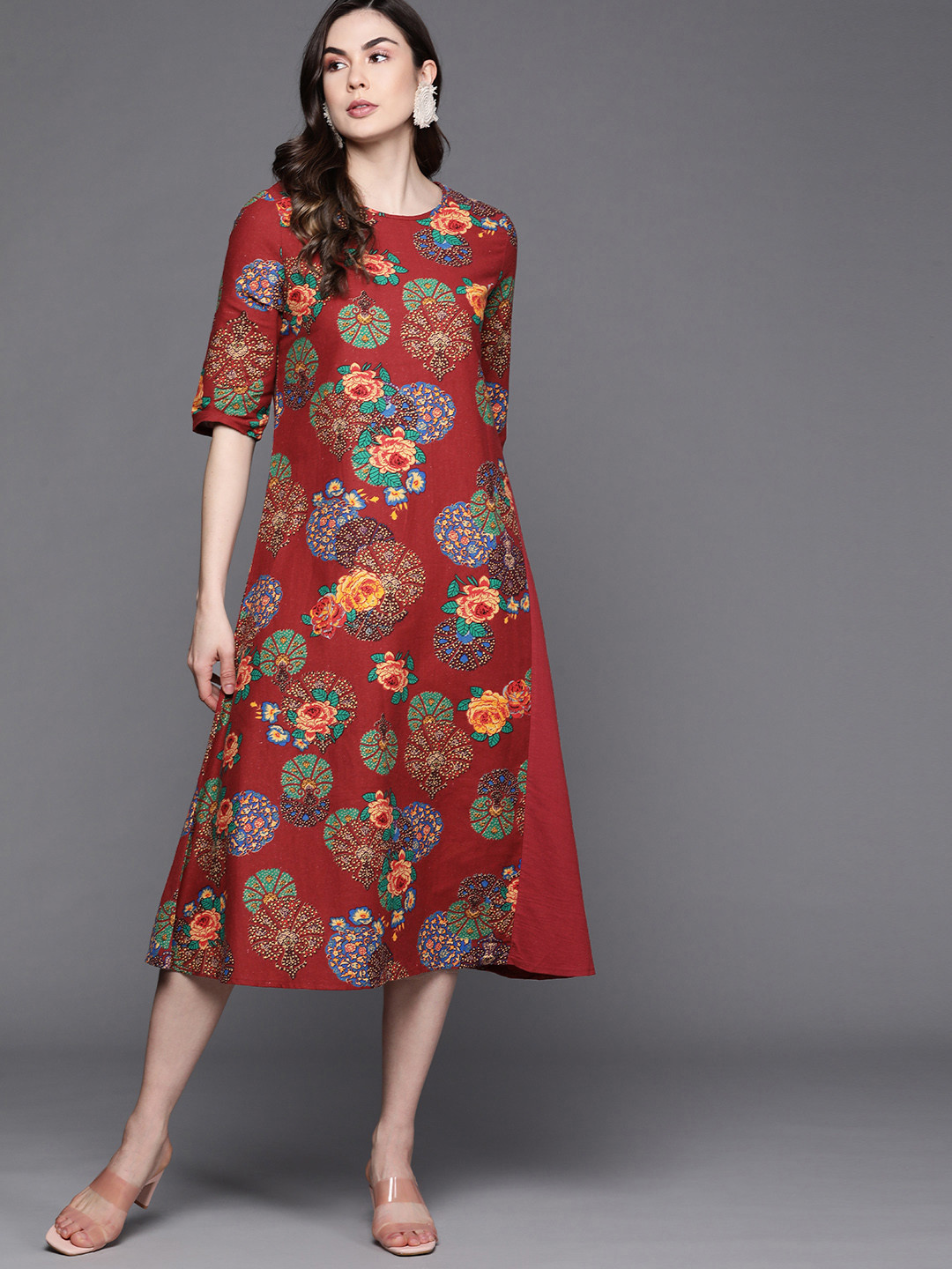 

JC Mode Red & Green Ethnic Motifs A-Line Dress