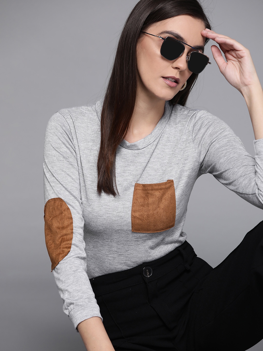 

JC Mode Women Grey Melange Solid Pocket Detail T-shirt