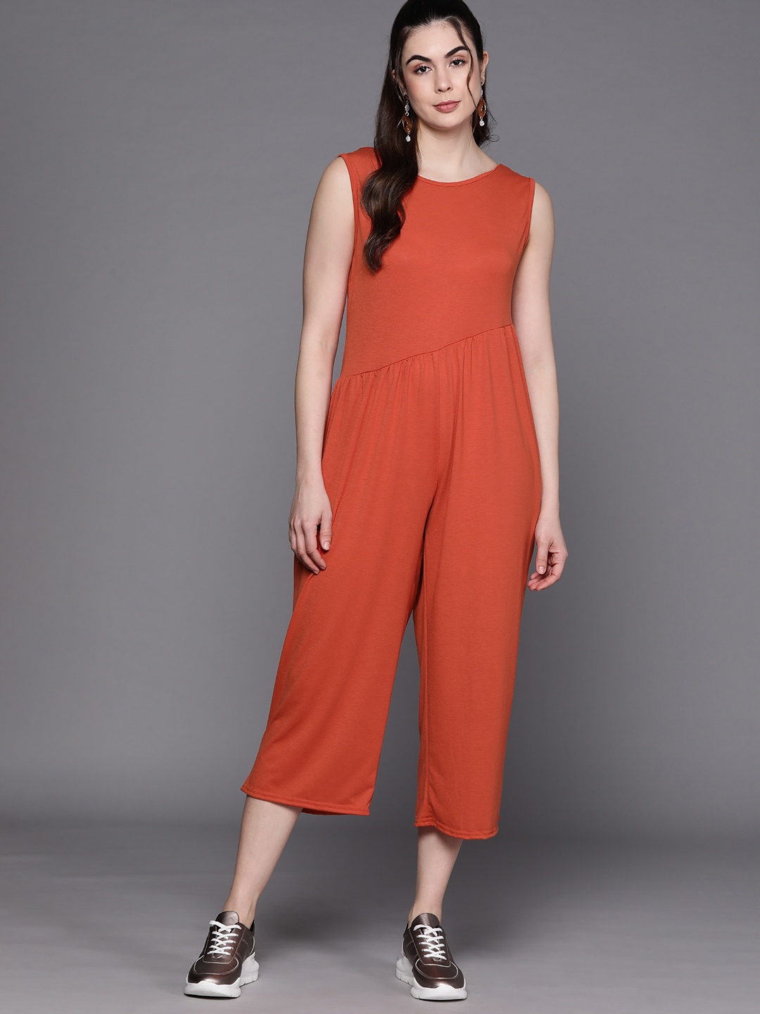 

JC Mode Women Rust Red Solid Pure Cotton Capri Jumpsuit