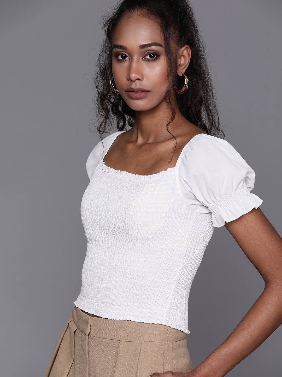 

JC Mode White Solid Smocked Top