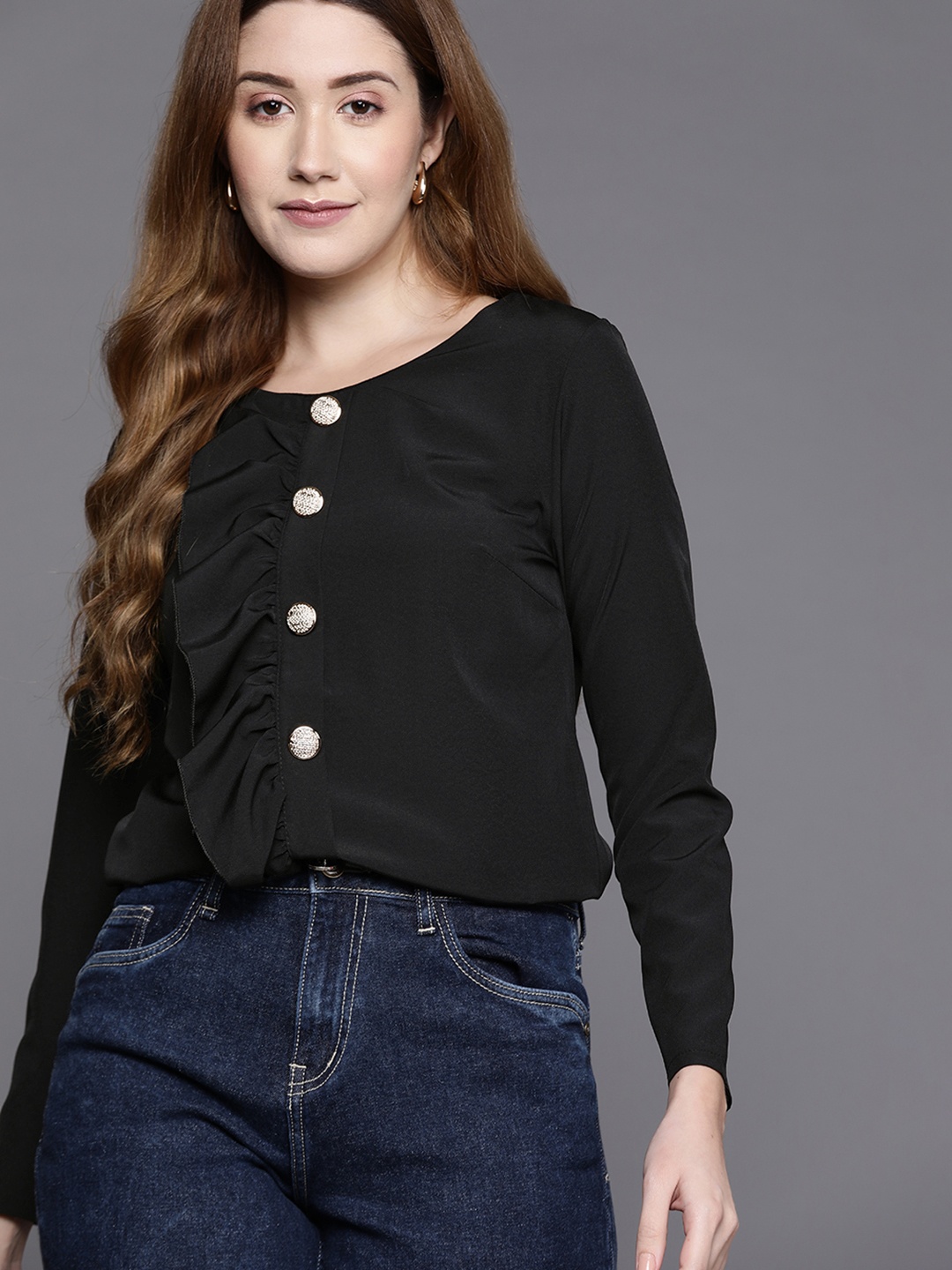 

JC Mode Black Solid Ruffles Detail Top