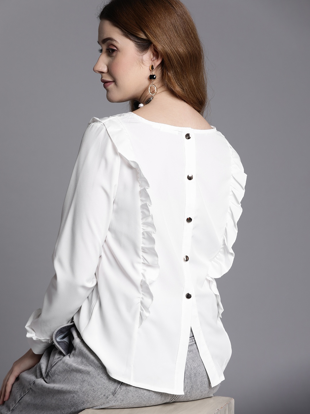 

JC Mode White Solid Ruffles Detail Top