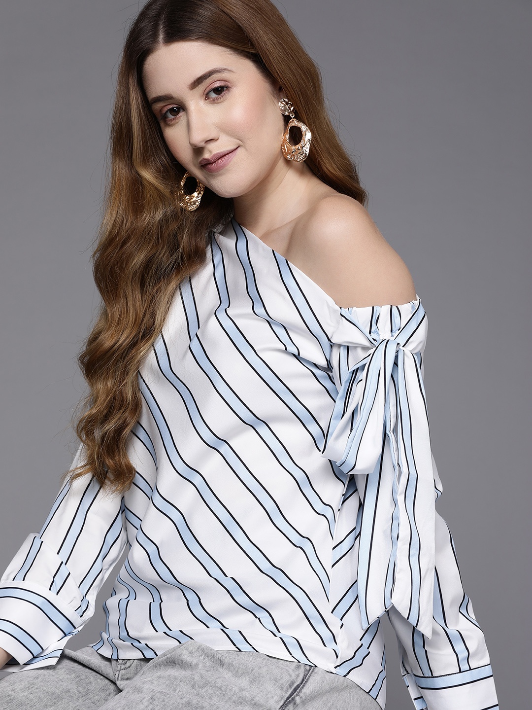 

JC Mode White & Blue Striped One Shoulder Top