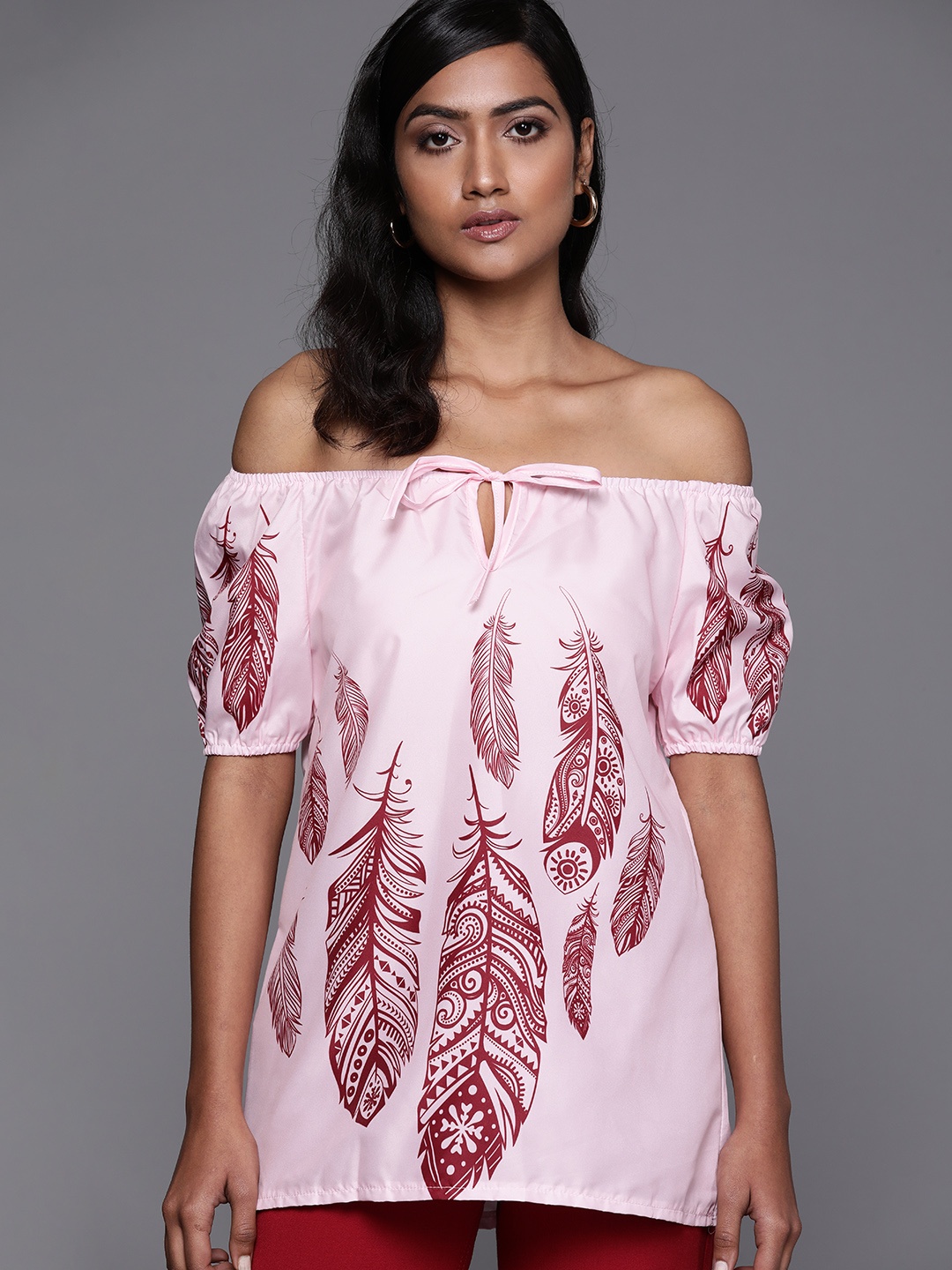 

JC Mode Pink Feather Print Tie-Up Neck Off-Shoulder Bardot Top
