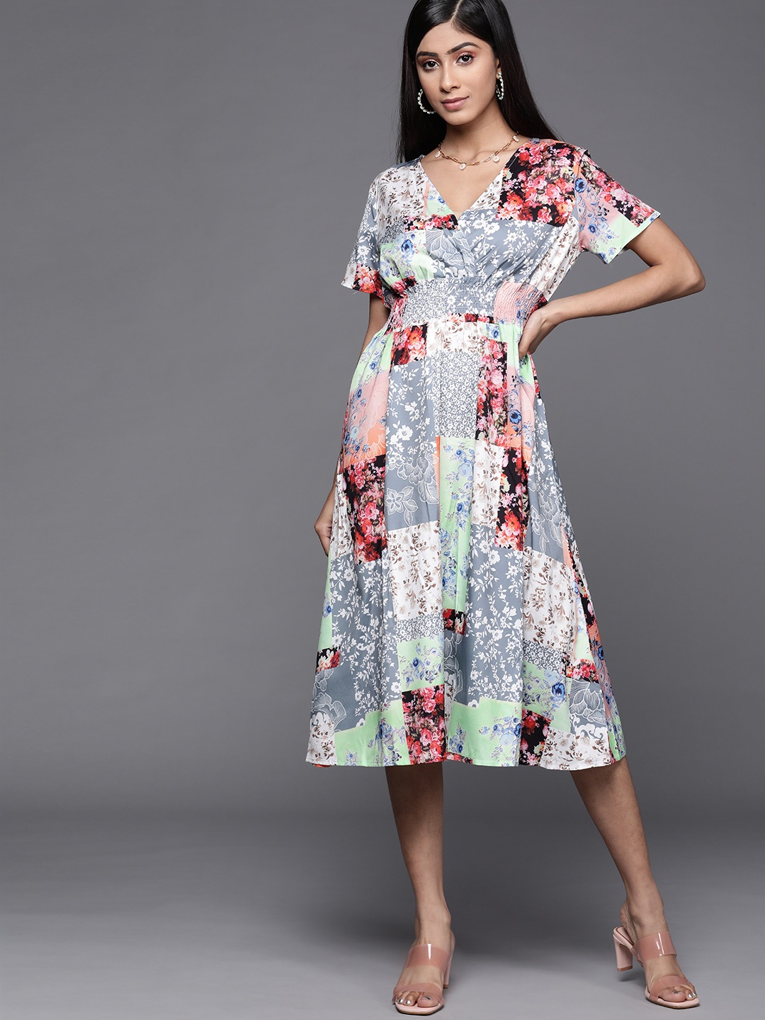 

JC Mode Grey & White Floral Print A-Line Midi Dress
