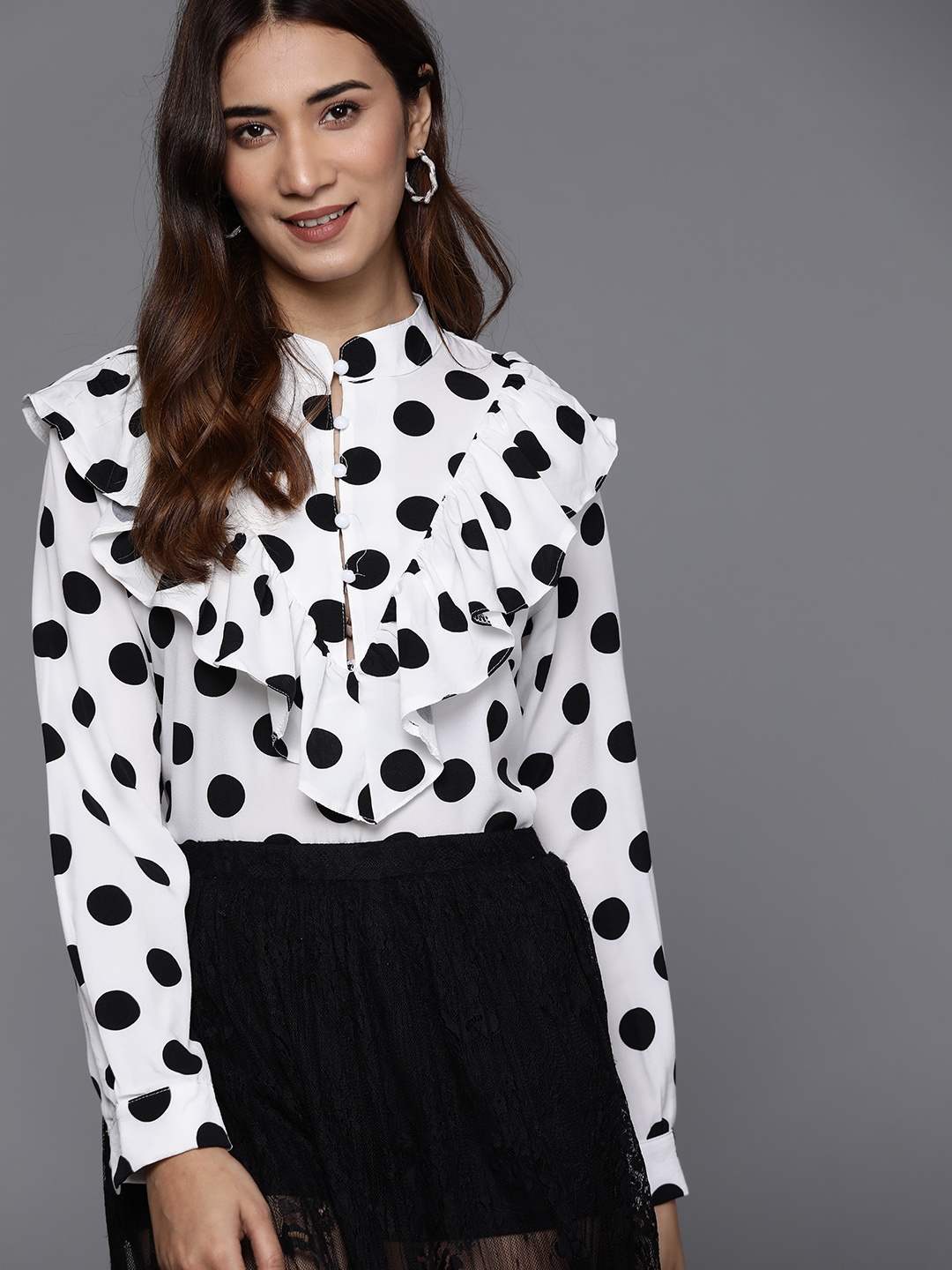 

JC Mode White & Black Polka Dots Print Ruffled Top