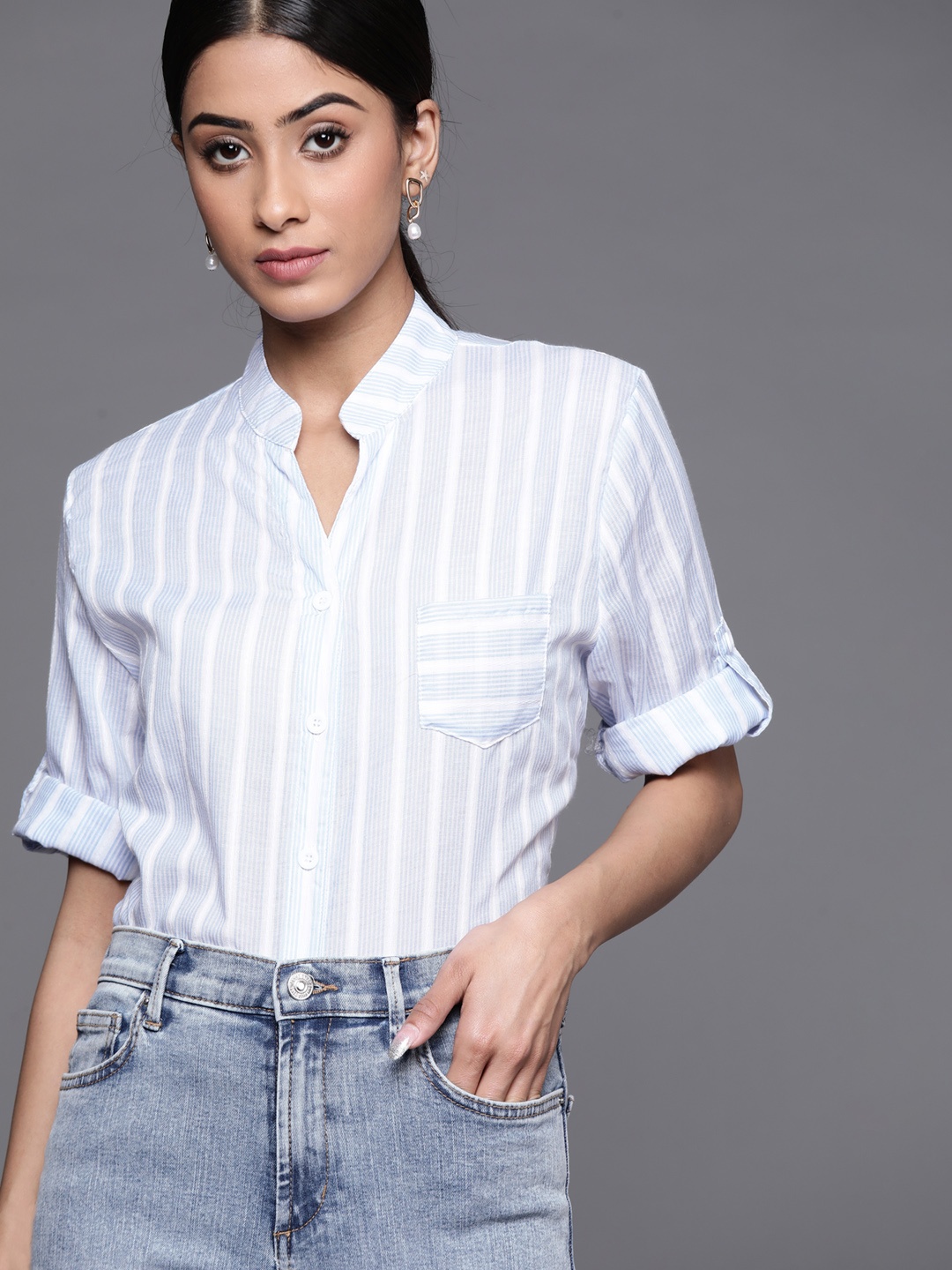 

JC Mode Women Blue & White Cotton Striped Casual Shirt with High-Low Hem