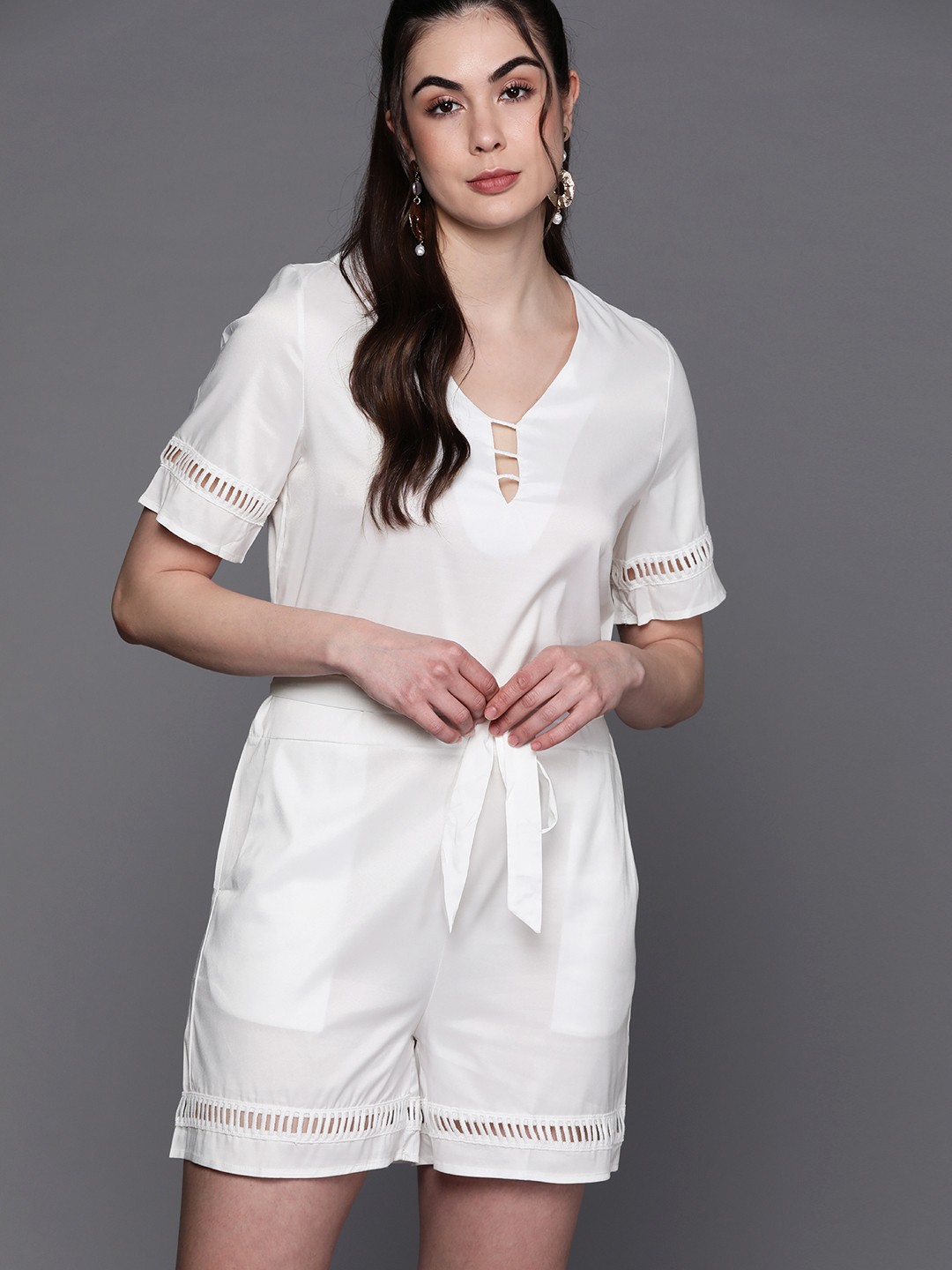 

JC Mode Women White Solid Jumpsuit with Belt