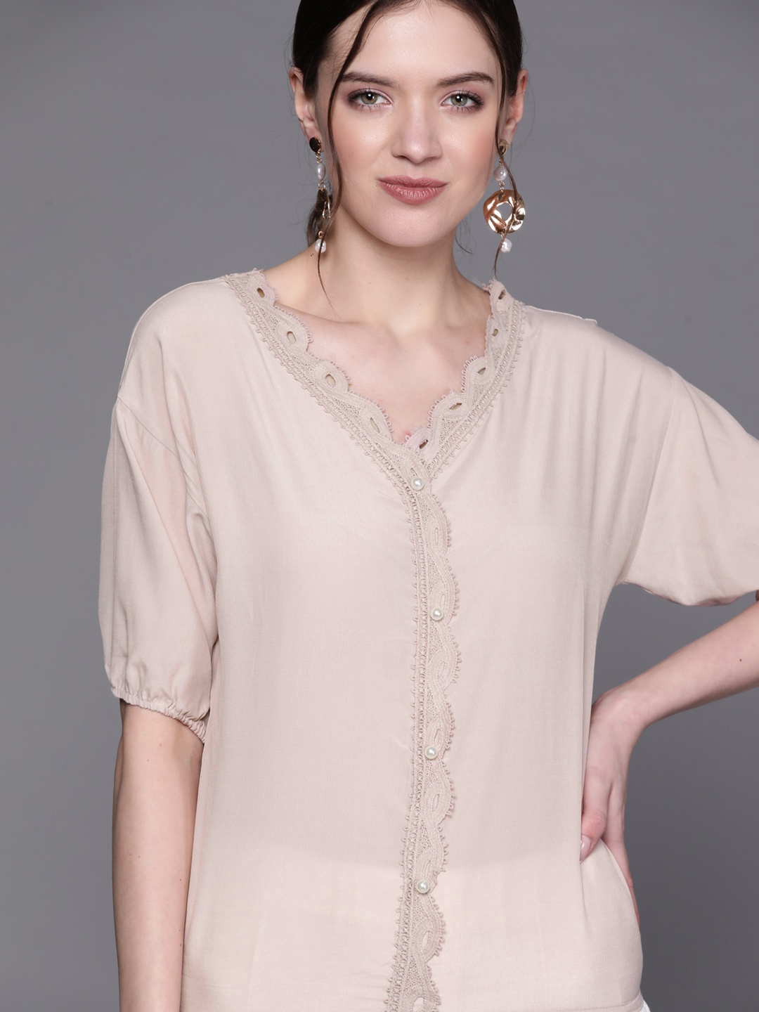 

JC Mode Mauve Pure Cotton Solid Drop-Shoulder Sleeves Top