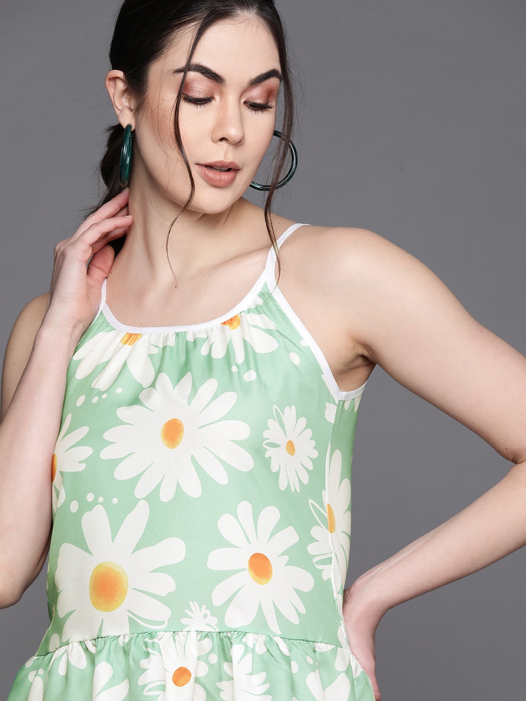 

JC Mode Women Green & White Floral Print Top