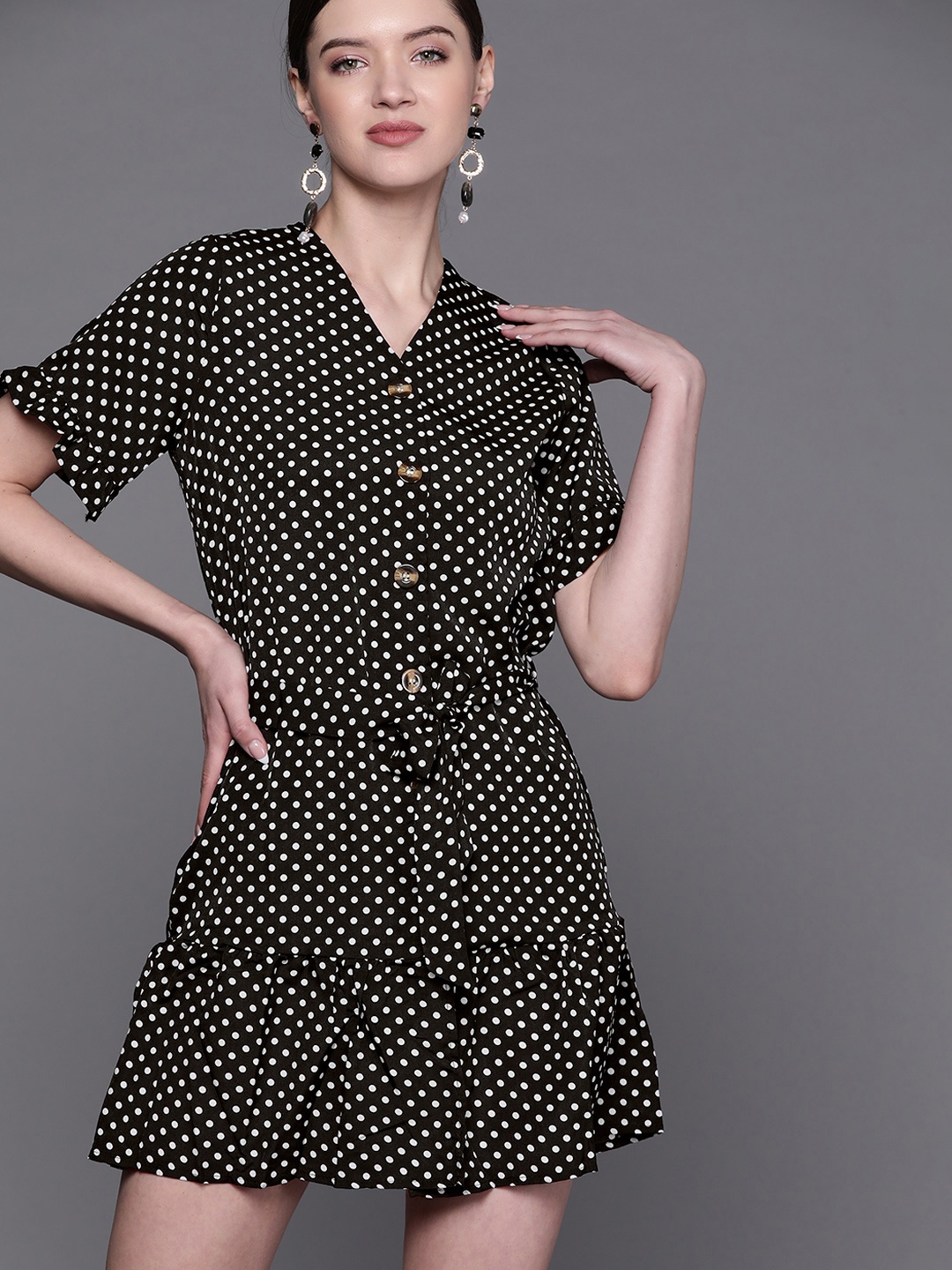 

JC Mode Women Black & White Polka Dot Print A-Line Mini Dress with Belt