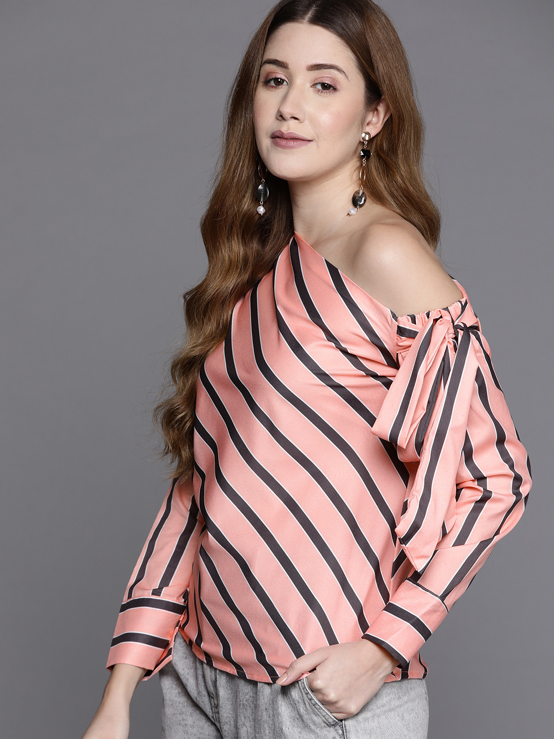 

JC Mode Peach-Coloured & Black Striped One Shoulder Top