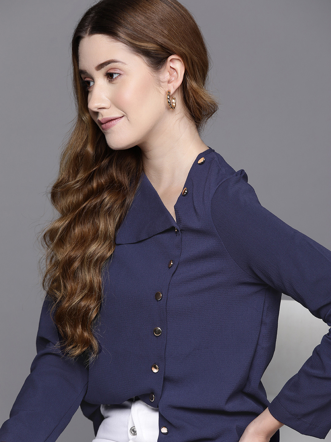 

JC Mode Navy Blue Solid Shirt Style Top