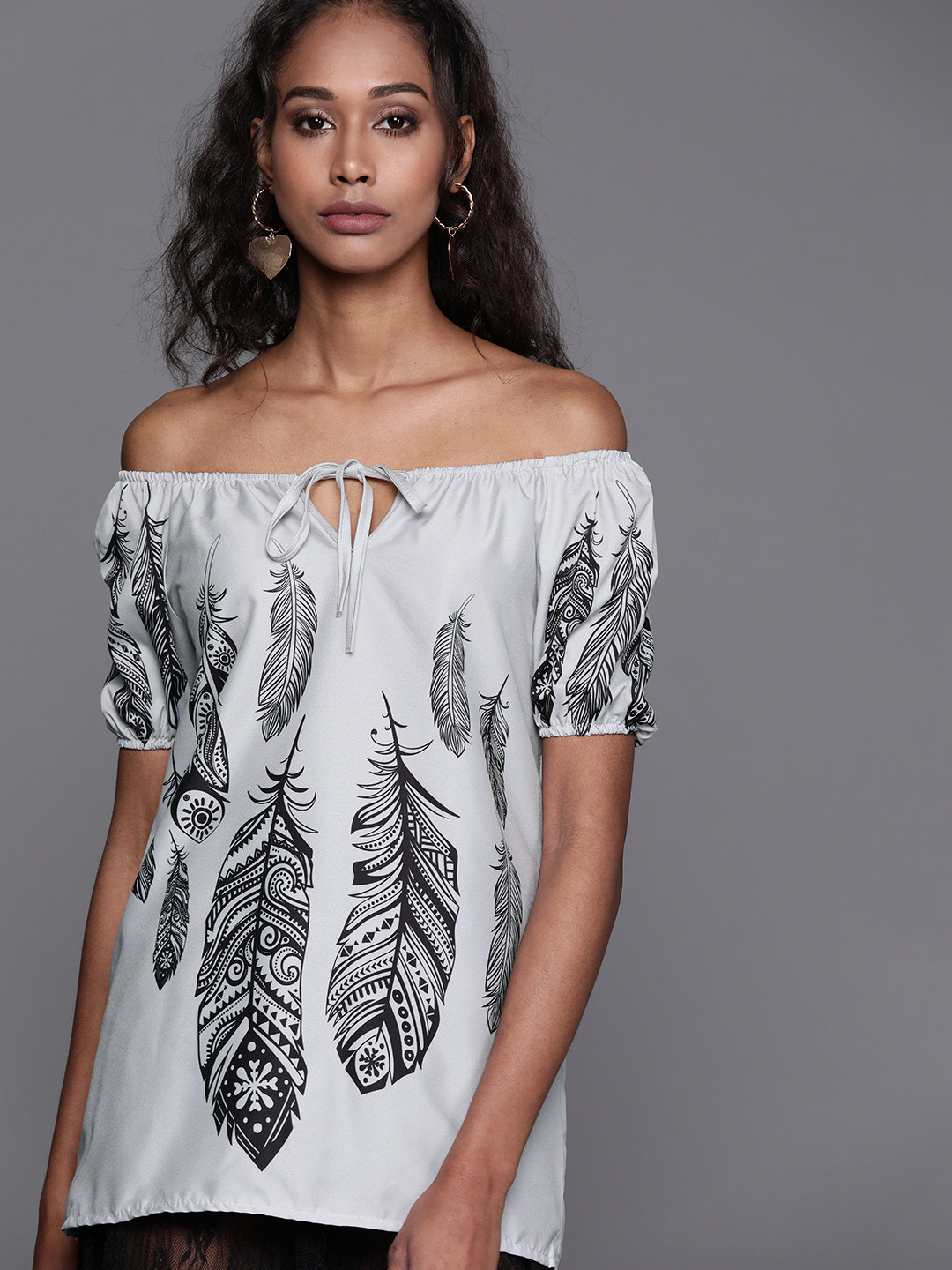 

JC Mode Grey & Black Feather Print Tie-Up Neck Off-Shoulder Bardot Top