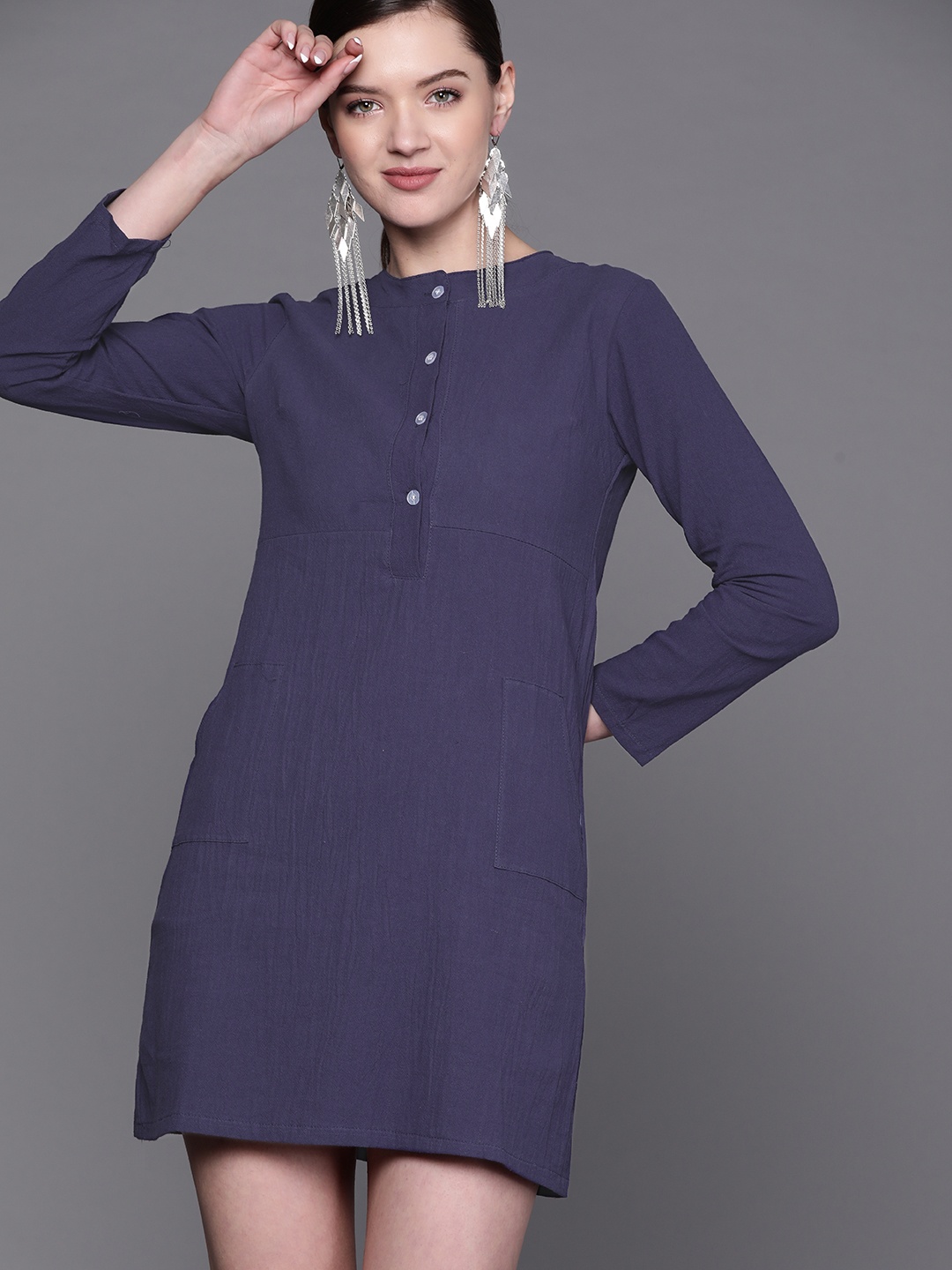 

JC Mode Navy Blue Solid Shirt Mini Dress