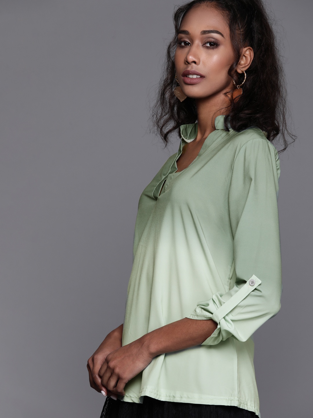 

JC Mode Women Green Roll-Up Sleeves Top