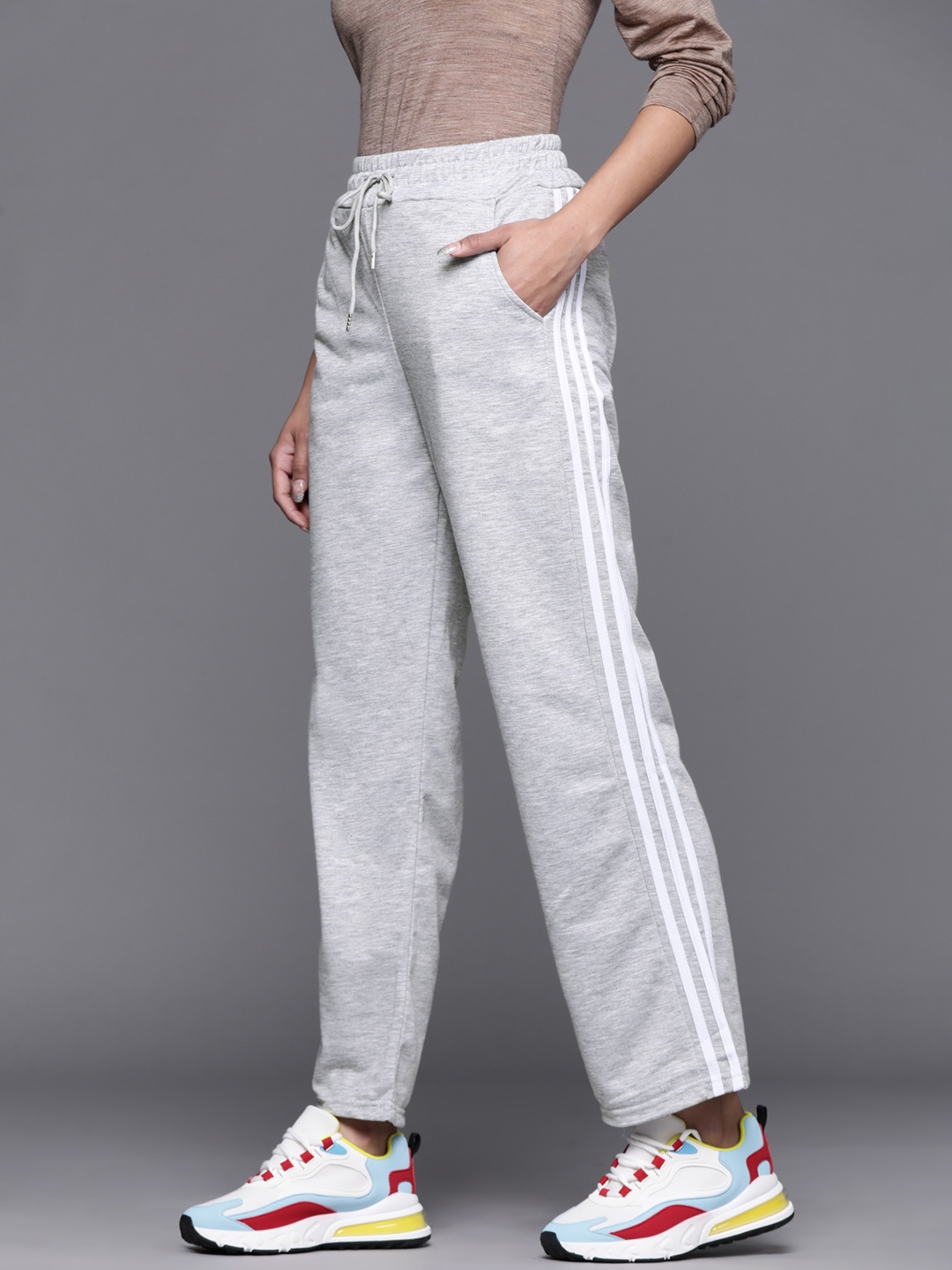 

JC Mode Women Grey Melange Solid Track Pants with Side Stripe Detail