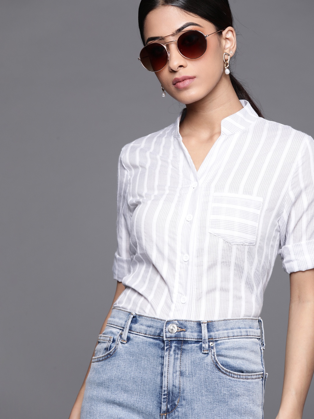 

JC Mode Women Grey & White Cotton Striped Casual Shirt with High-Low Hem