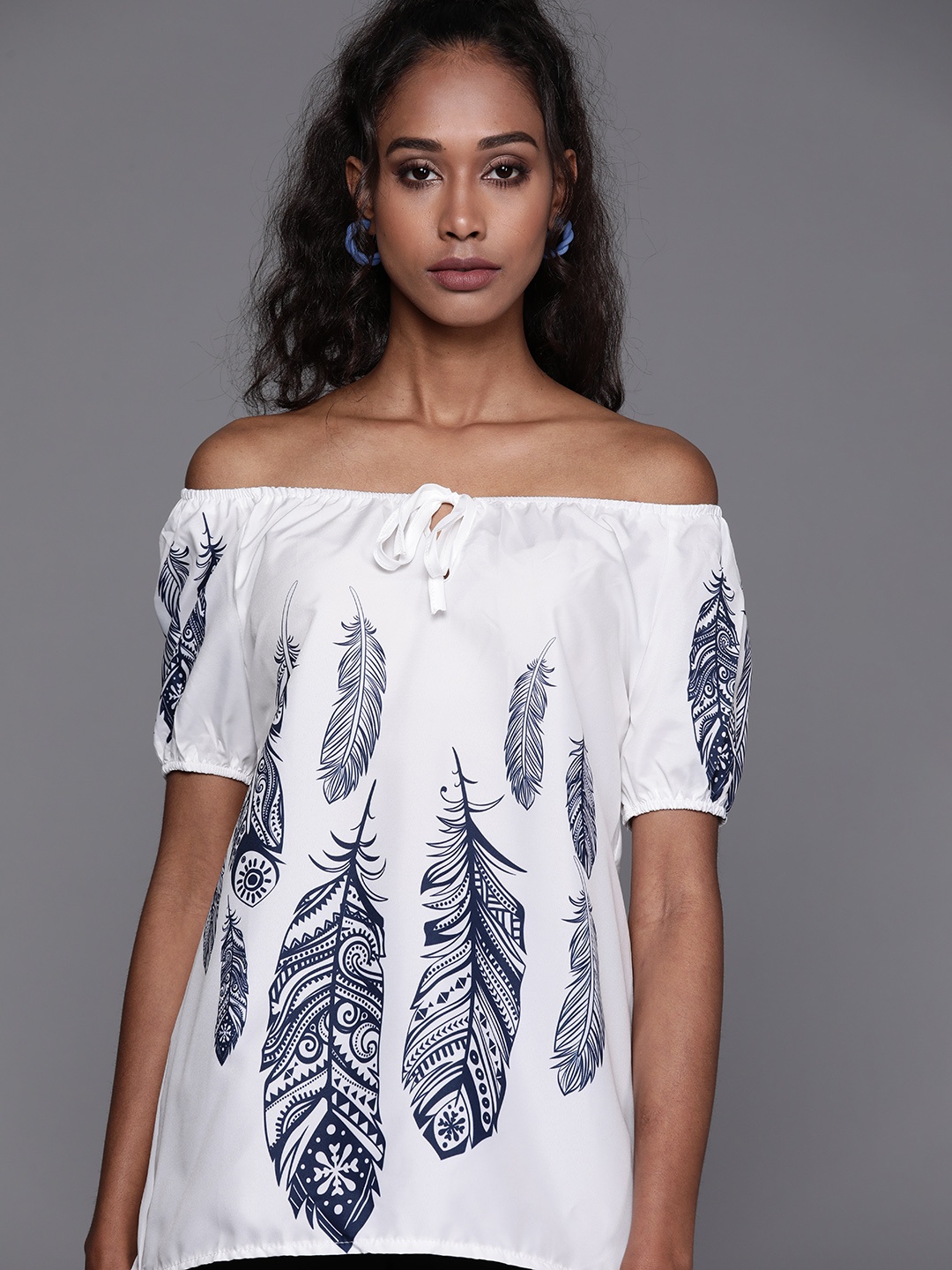 

JC Mode White & Navy Blue Feather Print Tie-Up Neck Off-Shoulder Bardot Top
