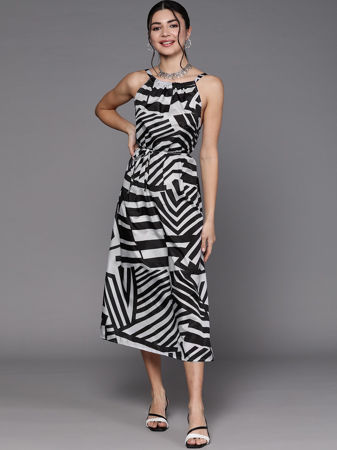 

JC Mode Grey & Black Printed A-Line Dress with Belt