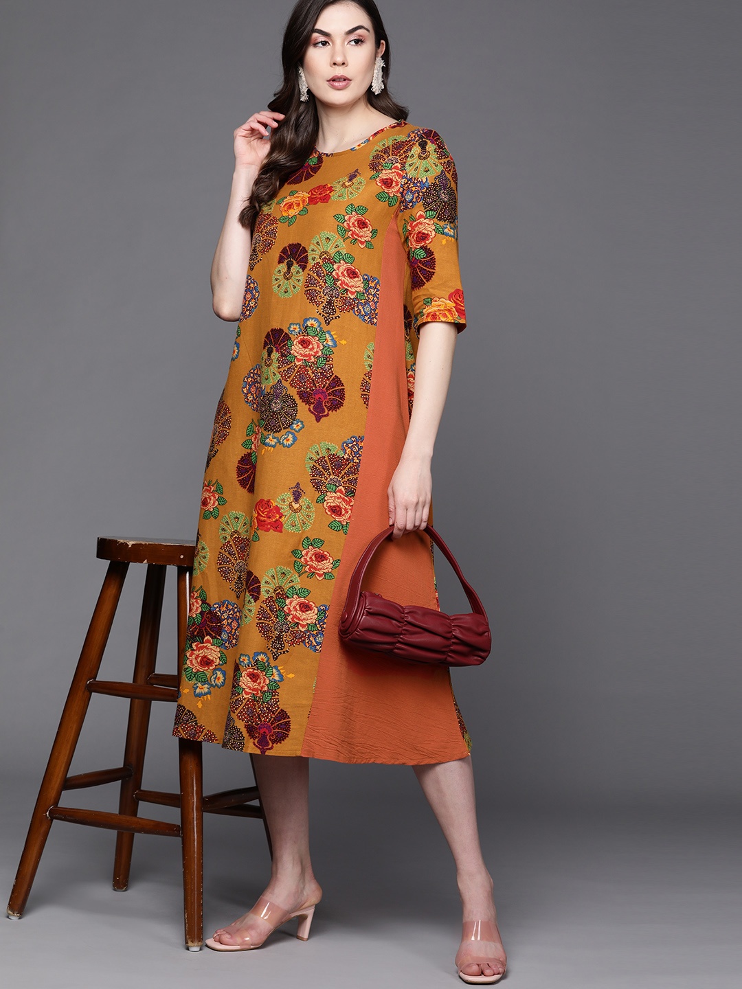 

JC Mode Mustard Yellow & Green Ethnic Motifs A-Line Midi Dress