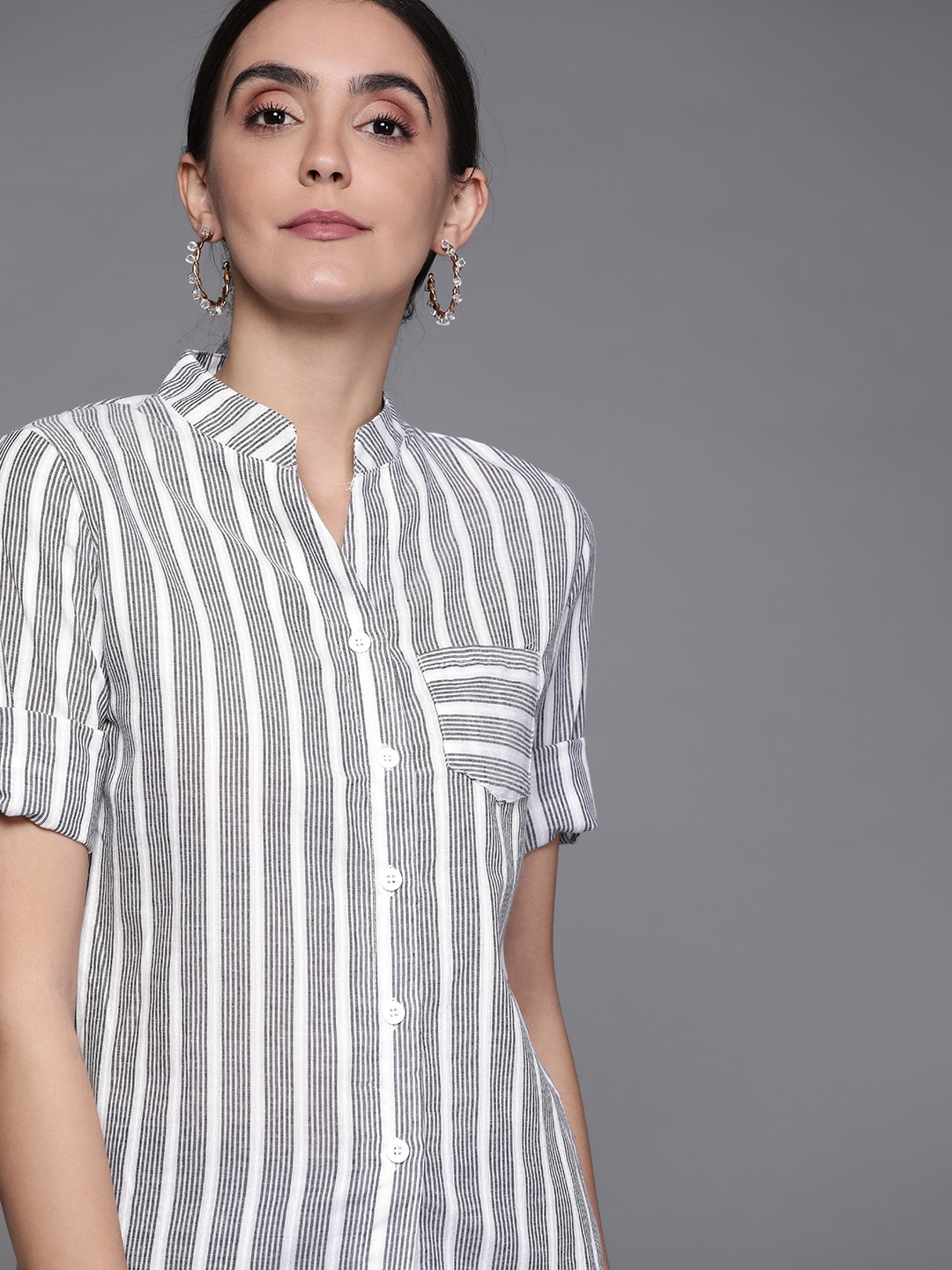 

JC Mode Women Black & White Cotton Striped Casual Shirt with High-Low Hem