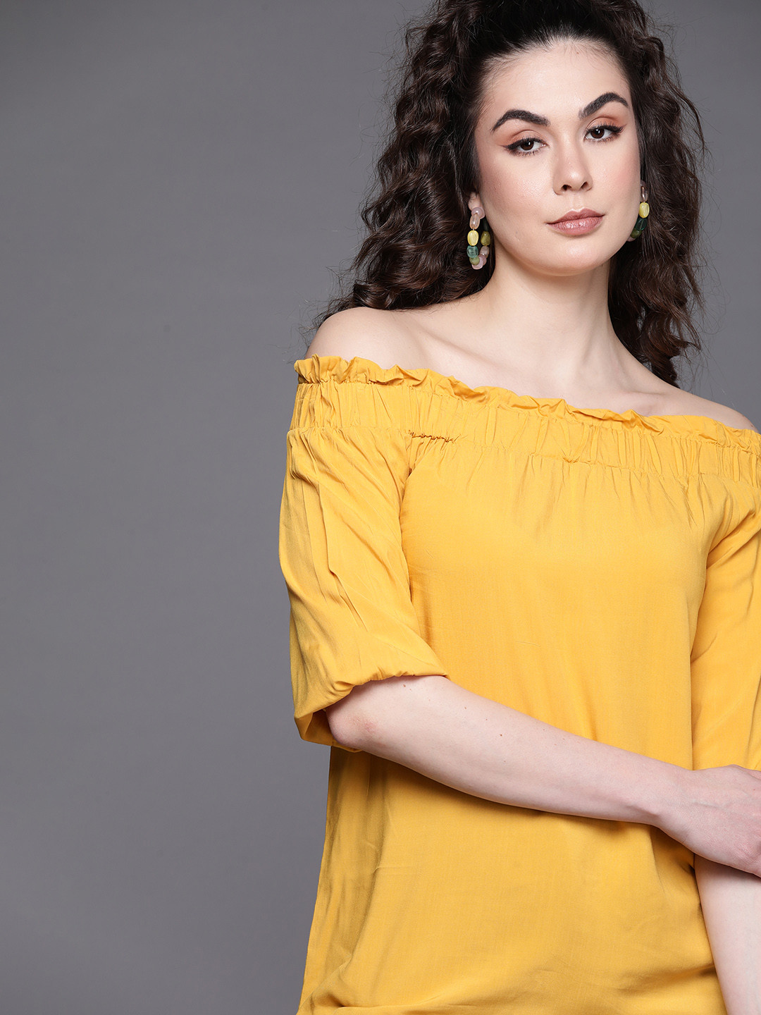 

JC Mode Women Mustard Yellow Solid Off-Shoulder Top