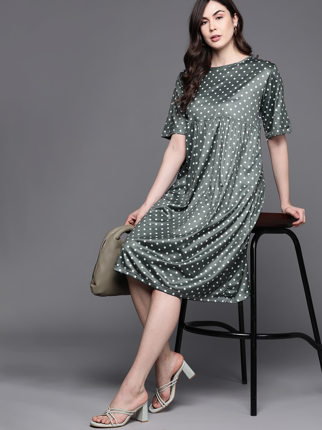 

JC Mode Green & White Polka Dots Print A-Line Dress
