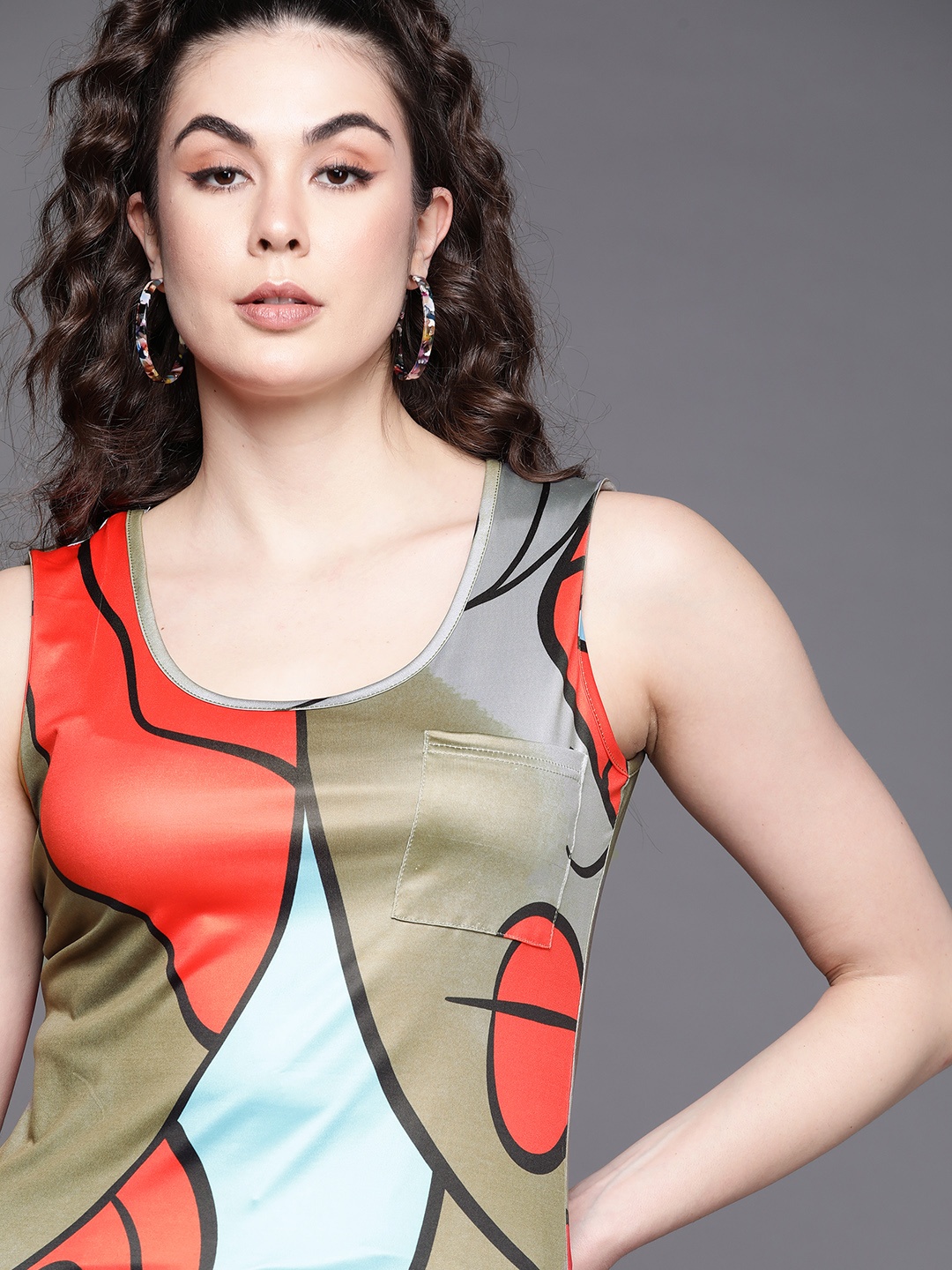 

JC Mode Women Olive Green & Red Abstract Printed Top