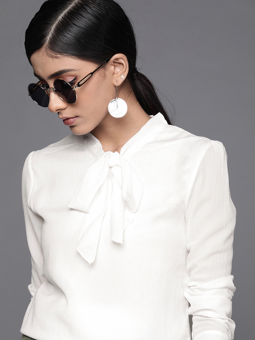 

JC Mode White Solid Tie-Up Neck Regular Top