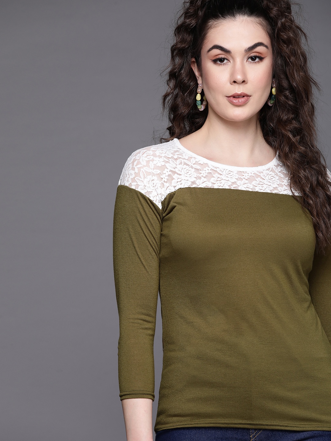 

JC Mode Women Olive Green & White Solid Top with Lace Inserts