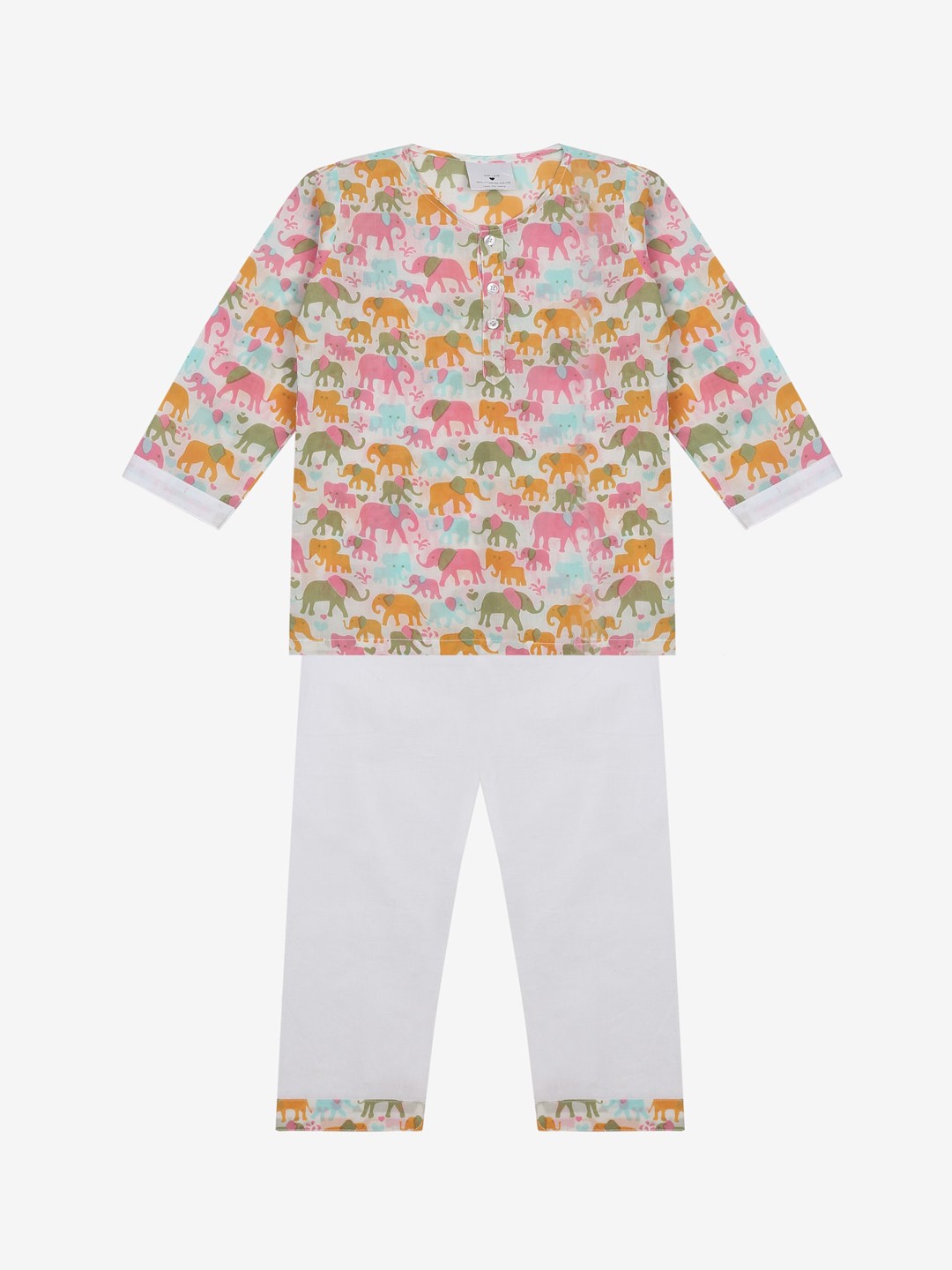 

Little Musketeer Girls White & Green Elephant Printed Pure Cotton Night Suits