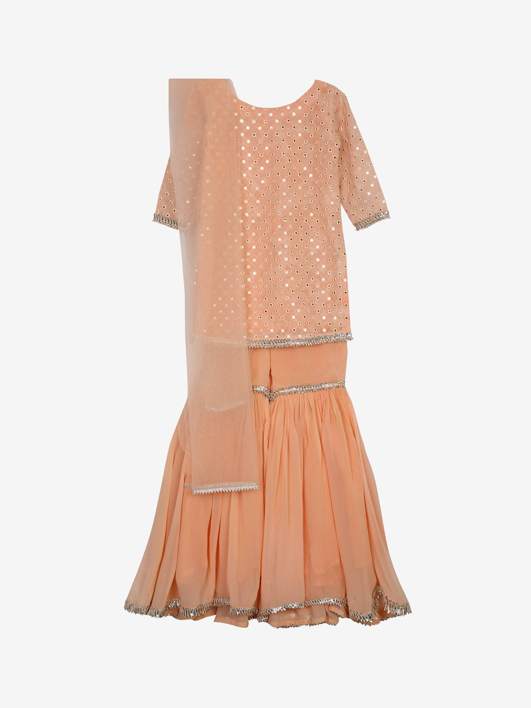 

Little Musketeer Girls Peach-Coloured Mirror Work Silk Georgette Kurti with Sharara